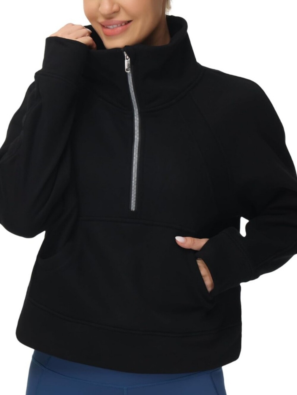 THE GYM PEOPLE Half-Zip Pullover Cropped Sweatshirt Black with Thumbholes Size M